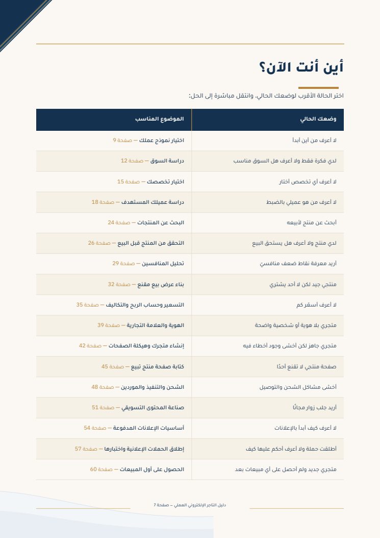 جدول «أين أنت الآن؟» — من دليل التاجر الإلكتروني العملي