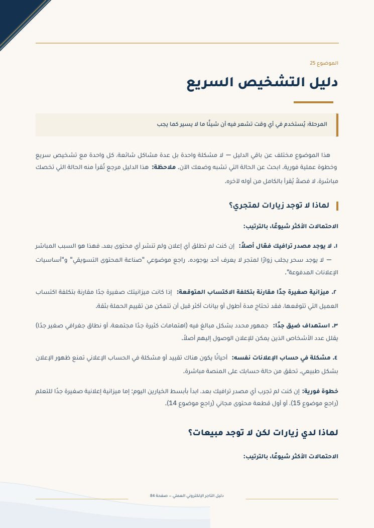 دليل التشخيص السريع — من دليل التاجر الإلكتروني العملي